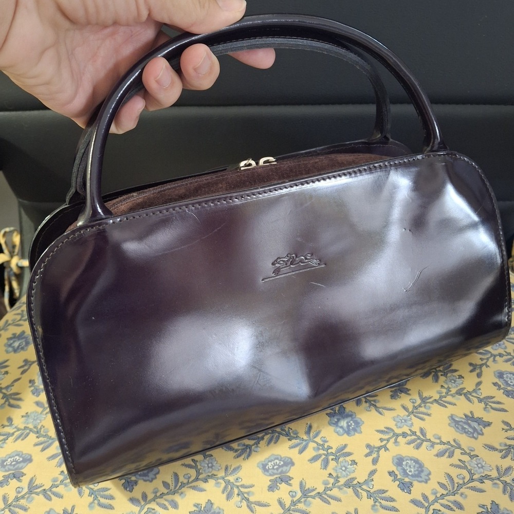 Y2K Vtg Longchamp Eggplant Patent Leather Suede Double Handle Bag Classic Luxury - Picture 7 of 11